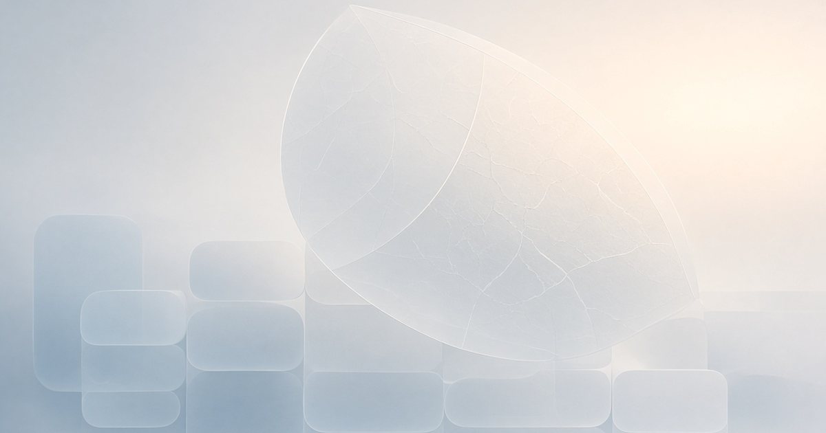 Soft mist-blue abstract layers with a translucent shield forming over rounded blocks