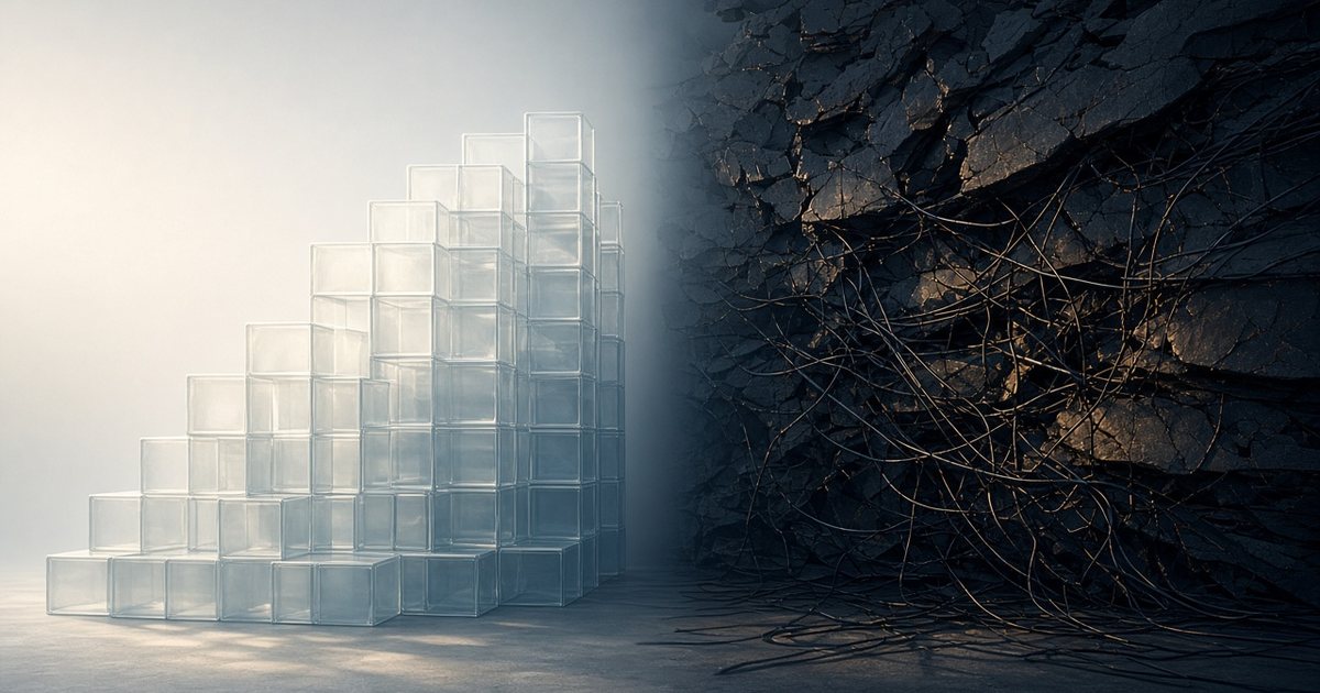 A stack of clear glass blocks rising easily in soft light, beside a dark wall of cracked stone and tangled cables