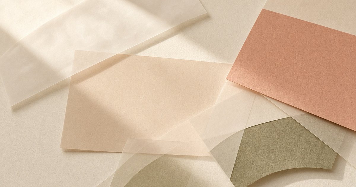 Soft overlapping sheets of cream, terracotta and olive paper in warm daylight